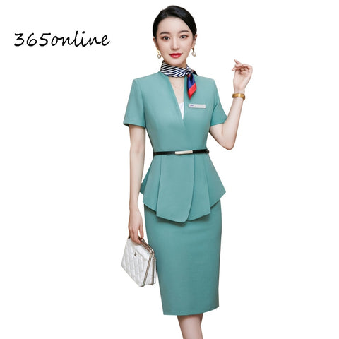 Summer Short Sleeve Formal Professional Business Suits with Skirt and Tops Ladies Office Work Wear Blazers Set with Scarf Belt