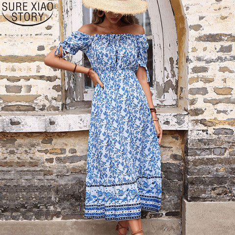 Summer Short Sleeve Midi Long Dress for Women 2023 Vintage Print Dress High Waist A-line Sexy Slash Neck Floral Dresses 19313