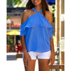 Summer Short Sleeve Off-Shoulder Patchwork Ruffles Halter Backless Bandage Sexy Women Chiffon Shirt Lady Tops Blouses WS9231W