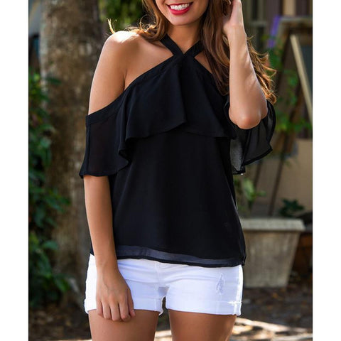 Summer Short Sleeve Off-Shoulder Patchwork Ruffles Halter Backless Bandage Sexy Women Chiffon Shirt Lady Tops Blouses WS9231W