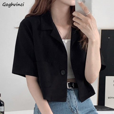 Summer Single Button Black Blazers Women Vintage Loose All-match Hong Kong Style Casual Ulzzang Short Sleeve Crop Tops Elegant