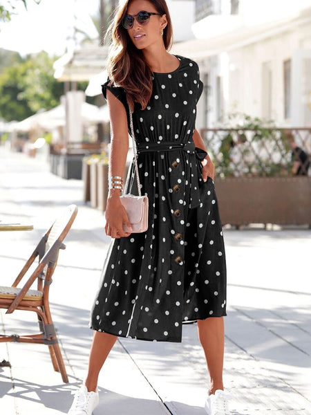 Summer Sleeveless Shirt Dress Women Lace Up Print Polka Dot Dress O Neck Buttons Office Woman Dress Casual Beach Sundress Robe