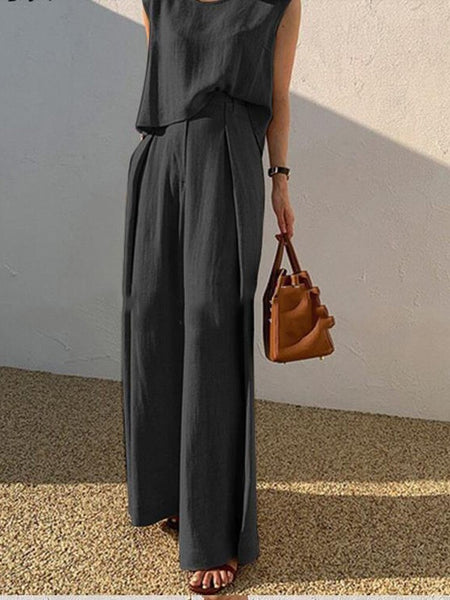 Summer Sleeveless Tracksuits Women Solid Sets Cotton Linen Loose Two Piece Sets Casual Tank Tops And Trousers Sets