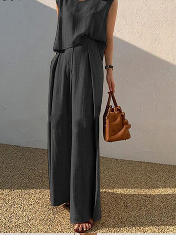 Summer Sleeveless Tracksuits Women Solid Sets Cotton Linen Loose Two Piece Sets Casual Tank Tops And Trousers Sets