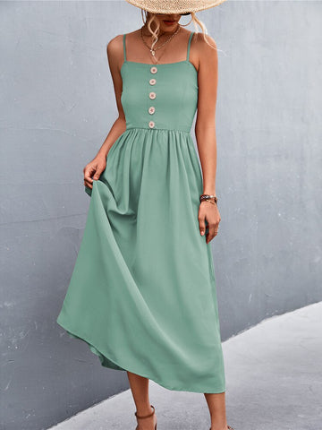 Summer Slip Long Dress Women Sexy Backless Spaghetti Strap Dress Sleeveless Solid Button Midi Dress Female Elegant Party Dress