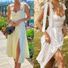 Summer Spring Floral Dress Women's Sexy Casual Sundress Midi Slip Backless Pleated Slit White Yellow Lace-up Flowers