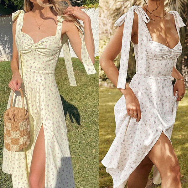 Summer Spring Floral Dress Women's Sexy Casual Sundress Midi Slip Backless Pleated Slit White Yellow Lace-up Flowers