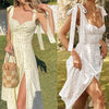 Summer Spring Floral Dress Women's Sexy Casual Sundress Midi Slip Backless Pleated Slit White Yellow Lace-up Flowers