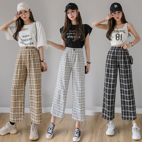 Summer Spring Trousers Vintage Plaid Print Pants Casual Korean Streetwear Loose Women High Waist Wide Leg Pants