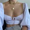 Summer Spring Women Stylish Shirt Tops Off Shoulder Lace-up Crop Top Solid Color Square Collar Long Sleeve Casual Street Blouse