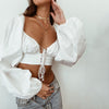 Summer Spring Women Stylish Shirt Tops Off Shoulder Lace-up Crop Top Solid Color Square Collar Long Sleeve Casual Street Blouse
