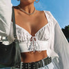 Summer Spring Women Stylish Shirt Tops Off Shoulder Lace-up Crop Top Solid Color Square Collar Long Sleeve Casual Street Blouse