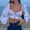 Summer Spring Women Stylish Shirt Tops Off Shoulder Lace-up Crop Top Solid Color Square Collar Long Sleeve Casual Street Blouse