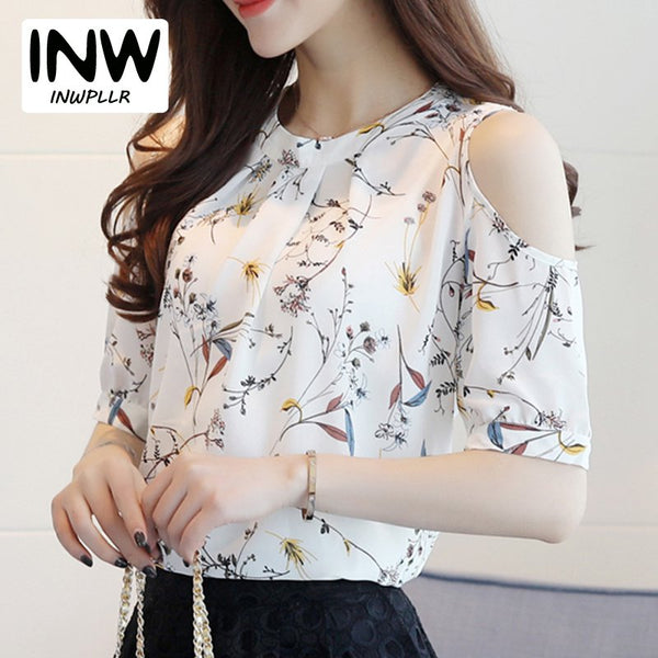 Summer Style 2023 Floral Shirt For Womens Elegant Open Shoulder Blouses Chiffon Print Blusas Women Ete Plus Size Female Tops