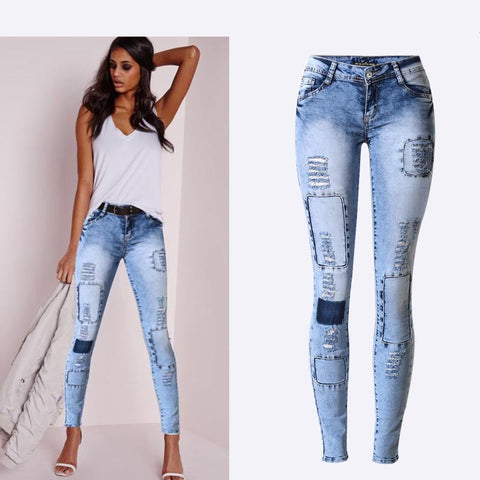 Summer Style Low Waist Sky Blue Patchwork Skinny Tights Women Pencil Jeans High Stretch Sexy Push Up Denim Women Jeans