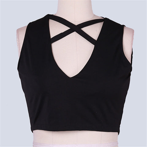 Summer Style Sleeveless Cross Casual Women Tank Top Sexy Hollow Out Black Bustier Crop Tops Fitness Girls Cropped Camis HO856113