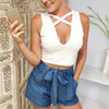 Summer Style Sleeveless Cross Casual Women Tank Top Sexy Hollow Out Black Bustier Crop Tops Fitness Girls Cropped Camis