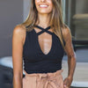 Summer Style Sleeveless Cross Casual Women Tank Top Sexy Hollow Out Black Bustier Crop Tops Fitness Girls Cropped Camis