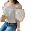 Summer Sweet Style Ladies Trendy Mesh Blouse Short Puff Sleeve Off Shoulder Square Collar Daisy Print Fitting Sexy Cropped Shirt