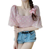 Summer Sweet Style Ladies Trendy Mesh Blouse Short Puff Sleeve Off Shoulder Square Collar Daisy Print Fitting Sexy Cropped Shirt