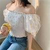 Summer Sweet Style Ladies Trendy Mesh Blouse Short Puff Sleeve Off Shoulder Square Collar Daisy Print Fitting Sexy Cropped Shirt