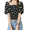Summer Sweet Style Ladies Trendy Mesh Blouse Short Puff Sleeve Off Shoulder Square Collar Daisy Print Fitting Sexy Cropped Shirt