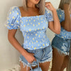 Summer Sweet Style Ladies Trendy Mesh Blouse Short Puff Sleeve Off Shoulder Square Collar Daisy Print Fitting Sexy Cropped Shirt