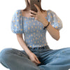 Summer Sweet Style Ladies Trendy Mesh Blouse Short Puff Sleeve Off Shoulder Square Collar Daisy Print Fitting Sexy Cropped Shirt