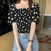 Summer Sweet Style Ladies Trendy Mesh Blouse Short Puff Sleeve Off Shoulder Square Collar Daisy Print Fitting Sexy Cropped Shirt