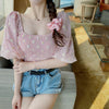Summer Sweet Style Ladies Trendy Mesh Blouse Short Puff Sleeve Off Shoulder Square Collar Daisy Print Fitting Sexy Cropped Shirt