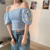 Summer Sweet Style Ladies Trendy Mesh Blouse Short Puff Sleeve Off Shoulder Square Collar Daisy Print Fitting Sexy Cropped Shirt