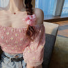 Summer Sweet Style Ladies Trendy Mesh Blouse Short Puff Sleeve Off Shoulder Square Collar Daisy Print Fitting Sexy Cropped Shirt