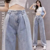 Summer Thin Wide Leg Jeans Woman Lace High Waist Light Blue Denim Pants Solid Jean Femme Mom Loose Jeans Teen Girls Plus Size