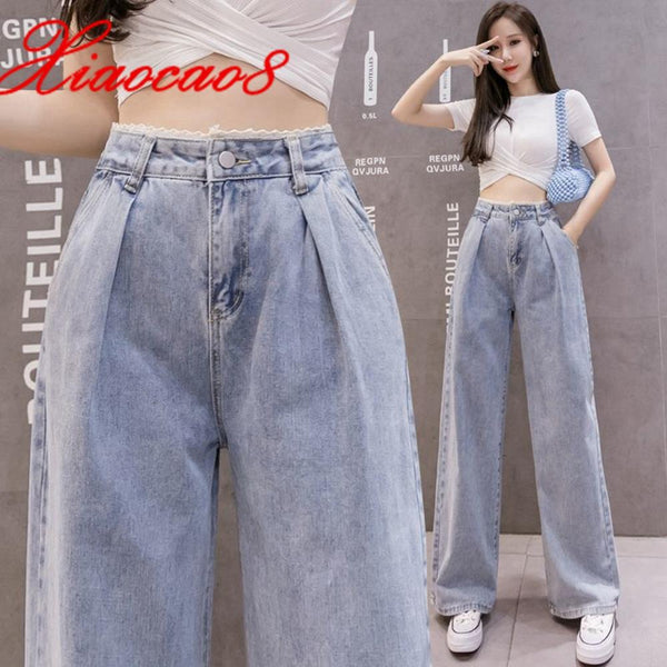 Summer Thin Wide Leg Jeans Woman Lace High Waist Light Blue Denim Pants Solid Jean Femme Mom Loose Jeans Teen Girls Plus Size
