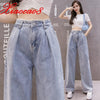 Summer Thin Wide Leg Jeans Woman Lace High Waist Light Blue Denim Pants Solid Jean Femme Mom Loose Jeans Teen Girls Plus Size