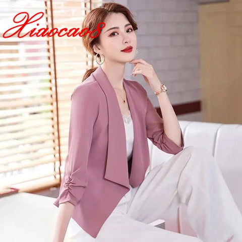 Summer Three Quarter Short Chiffon Blazer  Women Solid Slim Thin Jacket Coat Femme Solid Elegant Cardigan Korean OL Style Suit