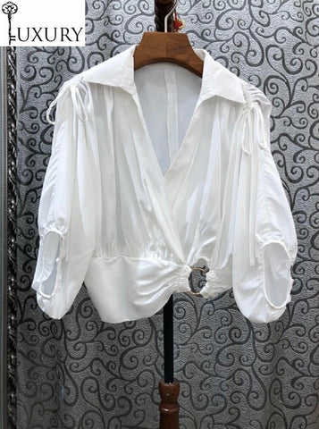 Summer Tops Sexy 2023 Blouses Women Turn-down Collar Drawstring Shoulders Casual White Yellow Pink Blue Short Shirts Crop