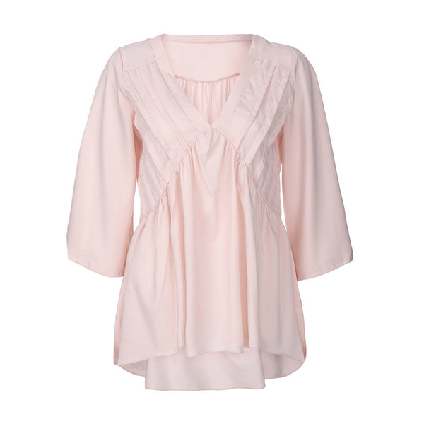 Summer Tops for Women 2022 Solid Casual 1/2 Sleeved Pleated Ruffled Asymmetric Hem V-Neck Top Blouse Women's clothing Shirt