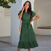 Summer Tunic Long Dress Women Boho Green Dress Short Sleeve Loose Bandage Dress Causal Lace-Up Solid O Neck Woman Dress