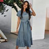 Summer Tunic Long Dress Women Boho Green Dress Short Sleeve Loose Bandage Dress Causal Lace-Up Solid O Neck Woman Dress