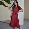 Summer Tunic Long Dress Women Boho Green Dress Short Sleeve Loose Bandage Dress Causal Lace-Up Solid O Neck Woman Dress