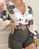 Summer Two Piece Set Women Plus Size Sets Printed Leisure Shorts Female 2 Piece Sets Womens Outfit V-neck LongSleeves Shorts Set