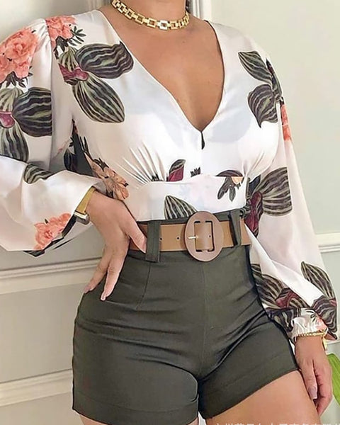 Summer Two Piece Set Women Plus Size Sets Printed Leisure Shorts Female 2 Piece Sets Womens Outfit V-neck LongSleeves Shorts Set