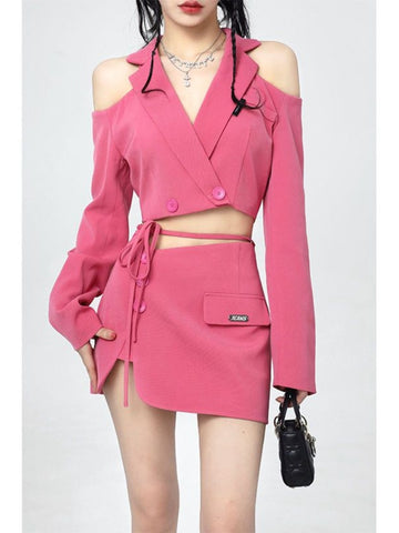Summer Two Piece Women Off Shoulder Cropped Top + Mini Skirt Matching Set Elegant Irregular Blazer Skirts Suit Outfit