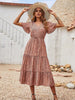 Summer V Neck Long Dress Women Casual Floral Midi Dress Short Sleeve Print Button Woman Dress Loose Holiday Beach Sundress