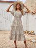 Summer V Neck Long Dress Women Casual Floral Midi Dress Short Sleeve Print Button Woman Dress Loose Holiday Beach Sundress
