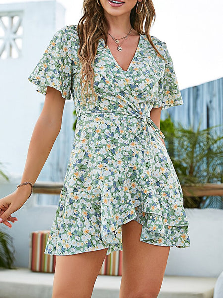 Summer V Neck Mini Dress Women Ruffles Print Floral Dress Casual Boho Side Wrap Dress Female Short Sleeve Bandage Dress