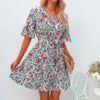 Summer V Neck Mini Dress Women Short Sleeve Print Bandage Dress Ruffle Floral Dress Female Casual Lace Up A-line Dress