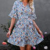 Summer V Neck Mini Dress Women Short Sleeve Print Bandage Dress Ruffle Floral Dress Female Casual Lace Up A-line Dress