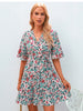 Summer V Neck Mini Dress Women Short Sleeve Print Bandage Dress Ruffle Floral Dress Female Casual Lace Up A-line Dress